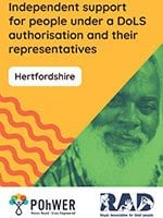 Cover of the Hertfordshire DoLS leaflet – it has a yellow background and a photo of a man of colour with a large white beard