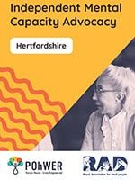 Cover of the Hertfordshire Independent Mental Capacity Advocacy Leaflet. It has a yellow background and a photo of a woman speaking