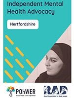Cover of the Hertfordshire Independent Mental Health Advocacy Leaflet. It has blue background and a photo of a woman wearing a hijab