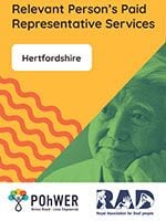 Cover of the Hertfordshire Relevant Person’s Paid Representative Advocacy Leaflet. It has a yellow background and a photo of a man looking deep in thought