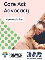 Cover of the Hertfordshire Care Act Advocacy Leaflet. It has a light pink background and a photo of a man and women looking at screen together.