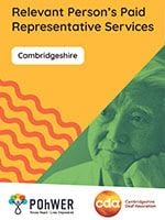 Cover of the Cambridgeshire Relevant Person’s Paid Representative Advocacy Leaflet. It has a yellow background and a photo of a man looking deep in thought