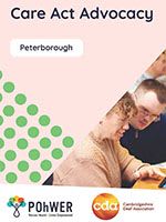 Cover of the Peterborough Care Act Advocacy Leaflet. It has a light pink background and a photo of a man and women looking at screen together.