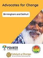 Cover of the Culturally Appropriate Advocacy service in Birmingham and Solihull leaflet - it has a yellow background and a photo of a man of colour with a large white beard.