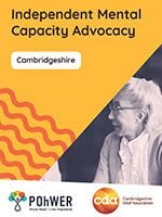 Cover of the Cambridgeshire Independent Mental Capacity Advocacy Leaflet. It has a yellow background and a photo of a woman speaking