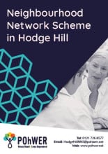 Hodge Hill Neighbourhood Network Scheme Leaflet Cover. This leaflet is navy blue with a photo of a n older lady speaking to an advocate.