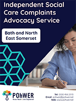 Cover of the Independent Social Care Complaints Advocacy Service - it has a dark blue background and a photo of a women in a light blue blouse writing