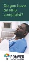 Cover of the Waltham Forest Independent Health Complaints Advocacy Leaflet. The cover is dark green and has a photo of a man laying in a hospital bed looking sad.