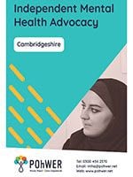 Cover of the Cambridgeshire Independent Mental Health Advocacy Leaflet. It has blue background and a photo of a woman wearing a hijab