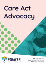 Front cover of the Care Act Advocacy Leaflet. This leaflet is pale pink with a photo of a woman helping a man with a learning disability. Together they are looking at a tablet computer screen. 