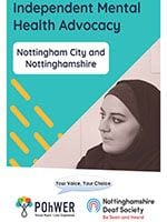 Cover of the Nottingham Independent Mental Health Advocacy Leaflet. It has blue background and a photo of a woman wearing a hijab
