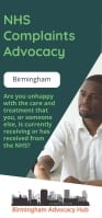 Cover of the Birmingham Advocacy Hub NHS Complaints Advocacy Leaflet – it has a dark green background and a photo of a man in a white shirt shaking hands with another person who is out of view