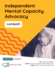 Front cover of the Connect Lambeth Independent Mental Capacity Advocacy leaflet. The leaflet is a vibrant yellow with an image of a woman speaking.