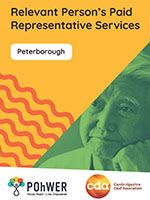 Cover of the Peterborough Relevant Person’s Paid Representative Advocacy Leaflet. It has a yellow background and a photo of a man looking deep in thought