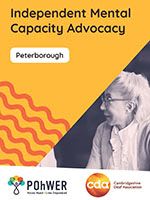 Cover of the Peterborough Independent Mental Capacity Advocacy Leaflet. It has a yellow background and a photo of a woman speaking