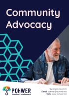 Cover of the Community Advocacy Leaflet – it has a dark blue background and a photo of a middle-aged man with a beard talking to someone else who is out of view