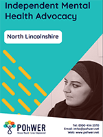 Cover of the North Lincolnshire Independent Mental Health Advocacy Leaflet - it has blue background and a photo of a woman wearing a hijab