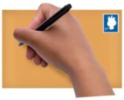 images of a hand holding a black pen writing an address on an envelope with a postage stamp on it.