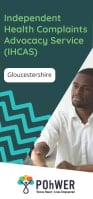 Cover of the Gloucestershire IHCAS Leaflet – it has a dark green background and a photo of a man in a white shirt shaking hands with another person who is out of view
