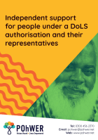 Cover of the Independent Support for People under a DoLS Authorisation and Their Representatives leaflet – it has a yellow background and a photo of a smiling elderly man with a large beard