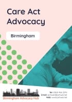 Cover of the Birmingham Advocacy Hub Care Act Advocacy Leaflet – it has a light pink background and a photo of a man and a woman looking at a screen together