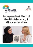 Cover of the Gloucestershire IMHA Easy Read leaflet - it has a white background and a photo of two women in conversation