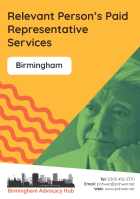Cover of the Birmingham Advocacy Hub Relevant Person’s Paid Representative Services leaflet – it has a yellow background and a photo of a man looking deep in thought