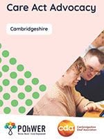 Cover of the Cambridgeshire Care Act Advocacy Leaflet. It has a light pink background and a photo of a man and women looking at screen together.