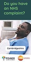 Cover of the Cambridgeshire Independent Health Complaints Advocacy Leaflet. The cover is dark green and has a photo of a man laying in a hospital bed looking sad.