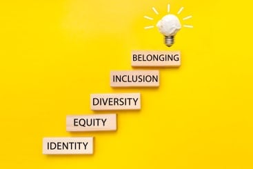 Image showing the words Identity, Equity, Diversity, Inclusion and Belonging as a staircase up to an image of a lightbulb