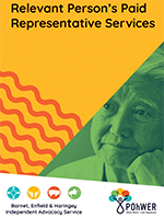 Cover of the Barnet, Enfield and Haringey Relevant Person’s Paid Representative Advocacy Leaflet. It has a yellow background and a photo of a man looking deep in thought