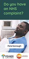 Cover of the Peterborough Independent Health Complaints Advocacy Leaflet. The cover is dark green and has a photo of a man laying in a hospital bed looking sad.