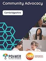 Cover of the Cambridgeshire Community Advocacy Leaflet. Navy with a photos of people.