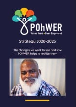 Cover of POhWER’s Strategy 2020-2025: The changes we want to see and how POhWER helps to realise them. A dark blue document featuring an image of a man with a beard smiling.