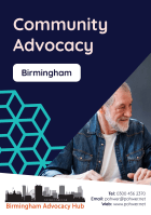 Cover of the Birmingham Advocacy Hub Community Advocacy Leaflet – it has a dark blue background and a photo of a middle-aged man with a beard talking to someone else who is out of view 