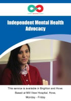 Cover of Sussex Advocacy Partnership IMHA Leaflet - it has a dark blue background and a photo of a young woman wearing a red top and talking to a man