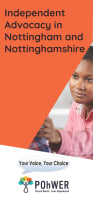 Cover of Nottingham City Independent Advocacy leaflet - it has an orange background and a photo of a young woman reaching out to touch someone who is out of view