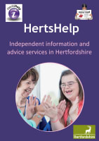 Cover of the HertsHelp Easy Read leaflet – it has a dark purple background and a photo of two women smiling