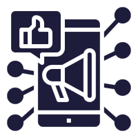 An illustration showing a smart phone with a megaphone symbol inside and a thumbs up sign