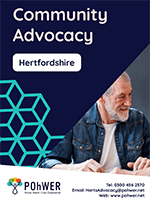 Cover of the Hertfordshire Community Advocacy Leaflet. Navy with a photo of an older man looking right and smiling.