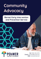 Cover of the Barnet Community Advocacy Leaflet – it has a dark blue background and a photo of a middle-aged man with a beard talking to someone else who is out of view