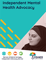 Cover of the Barnet, Enfield and Haringey Independent Mental Health Advocacy Leaflet. It has blue background and a photo of a woman wearing a hijab