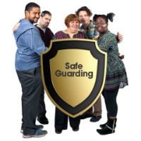 A safeguarding logo with lots of people standing behind t together.