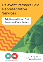 Cover of the Sussex Advocacy Partnership Relevant Person’s Paid Representative Services leaflet – it has a yellow background and a photo of a man looking deep in thought