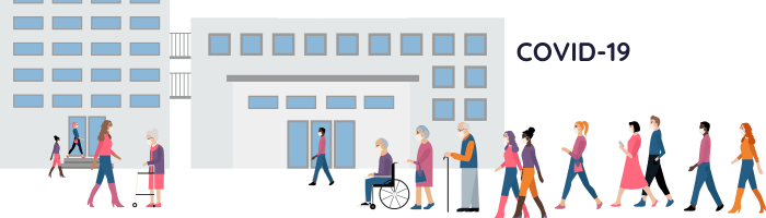 illustration of people queueing outside of a hospital building during the Coronavirus pandemic