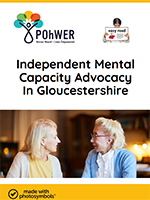 Cover of Gloucestershire IMCA easy read leaflet- white background with yellow border and an image of two women talking.