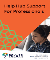 Cover of the Help Hub Support for Professionals leaflet - It has an orange background and a photo of a woman wearing a headset