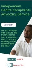 Cover of the Connect Lambeth Independent Health Complaints Advocacy leaflet. The leaflet is dark green with a photo of a smiling man reaching forward to shake hands with someone.