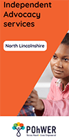 Cover of the North Lincolnshire Independent Advocacy Services leaflet - Orange leaflet with a photo of a young woman of colour comforting someone out of shot