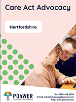 Cover of the Hertfordshire Care Act Advocacy Leaflet. It has a light pink background and a photo of a man and women looking at screen together.